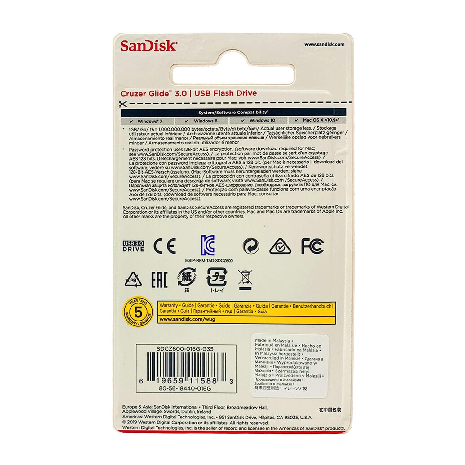 SanDisk Cruzer Glide 3.0 USB Flash Drive, CZ600 16GB, USB3.0, Black with red slider, retractable design, 5Y – 128GB