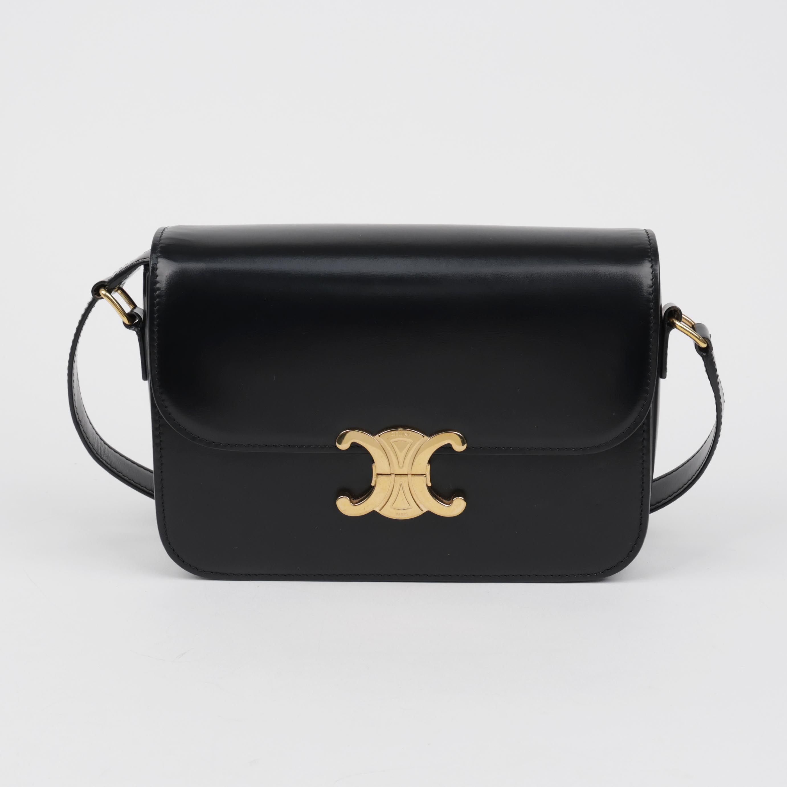 CELINE Classique Triomphe Shiny Calfskin Crossbody Bag, Black