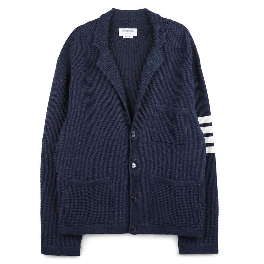 Thom Browne Linen Cotton 4-Bar Cardigan, Dark Blue