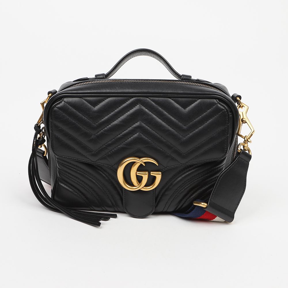 Gucci GG Marmont Matelassé Web Strap Shoulder Bag, Black Calfskin
