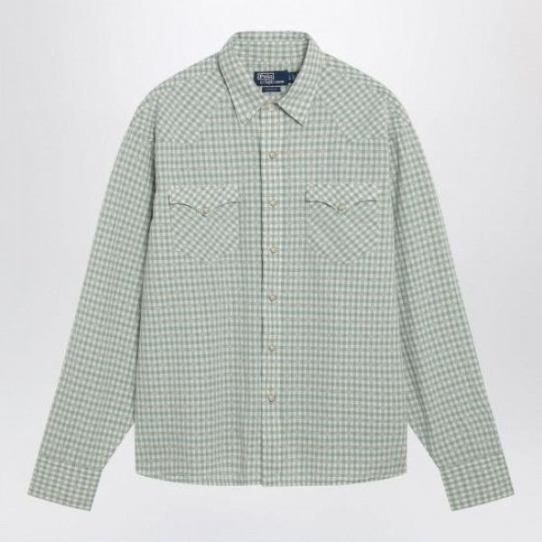 Ralph Lauren Classic Fit Madras Western Shirt, Off White Green, Men's Size L