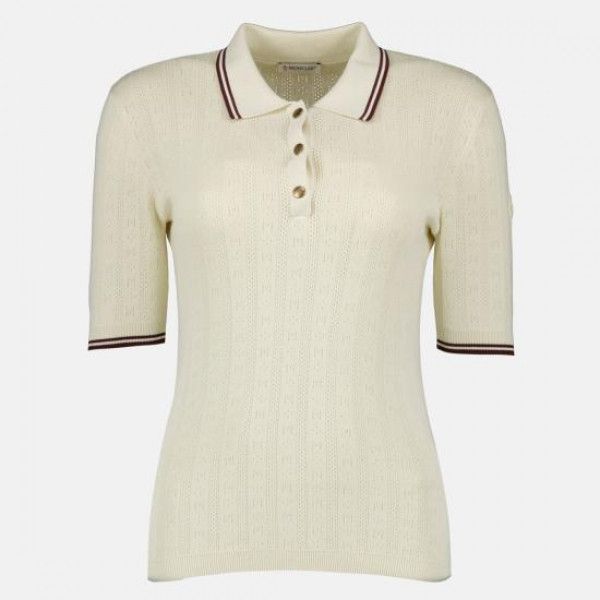 MONCLER Women's Diamond Logo Pattern Cotton Polo Shirt, White Ivory, Size S
