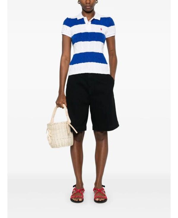 Cotton Cable Knit Polo Collar Short Sleeve Shirt