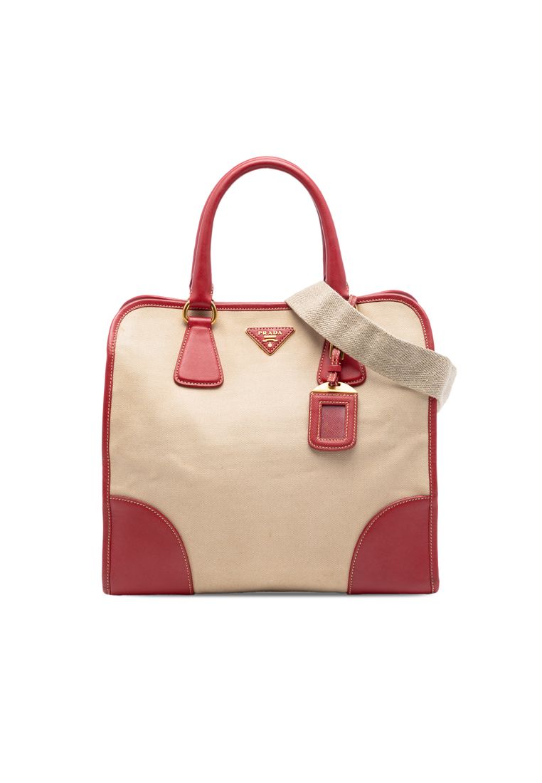 Pre-Loved Prada Saffiano Trimmed Canvas Canapa Satchel