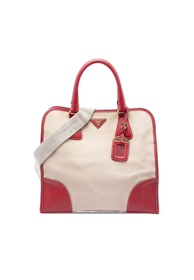 Pre-Loved Prada Saffiano Trimmed Canvas Canapa Logo Satchel