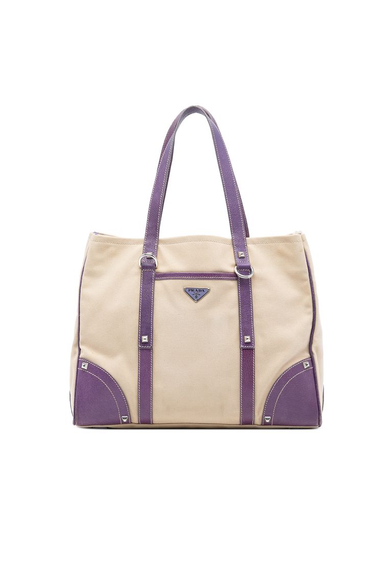 Pre-Loved Prada Studded Leather Trimmed Canvas Front Pocket Tote