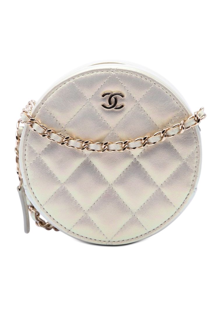 Pre-Loved Chanel Cc Quilted Iridescent Lambskin Round Clutch With Chain
