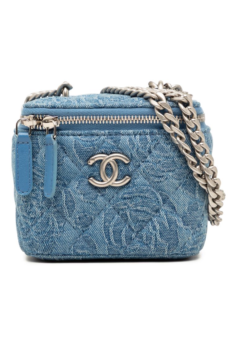 Pre-Loved Chanel Mini Quilted Denim Camellia Sweetheart Vanity Case With Chain