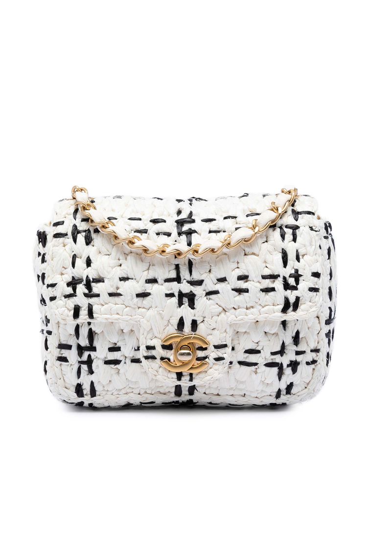 Pre-Loved Chanel Cc Mini Raffia Effect Tweed Flap