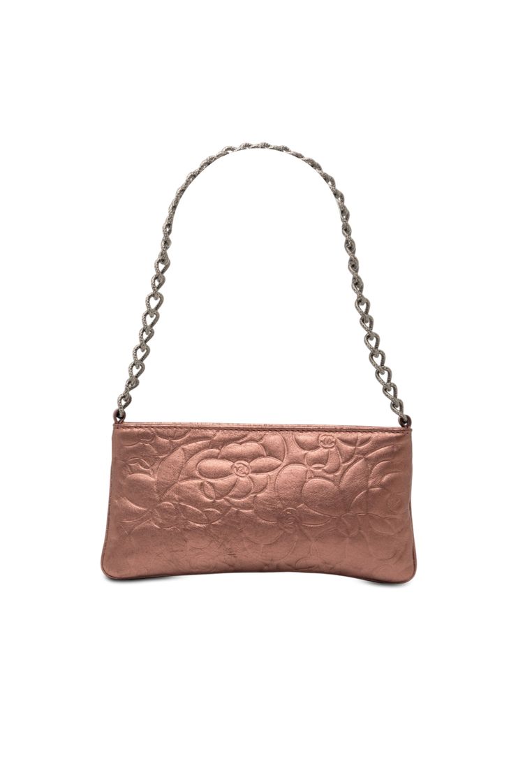 Pre-Loved Chanel Embossed Metallic Lambskin Camellia Chain Pochette