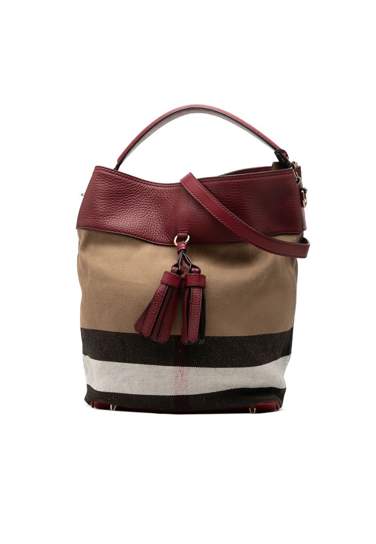 Pre-Loved Burberry Medium Mega Check Canvas And Grained Calfskin Ashby Tassel Bucket Bag