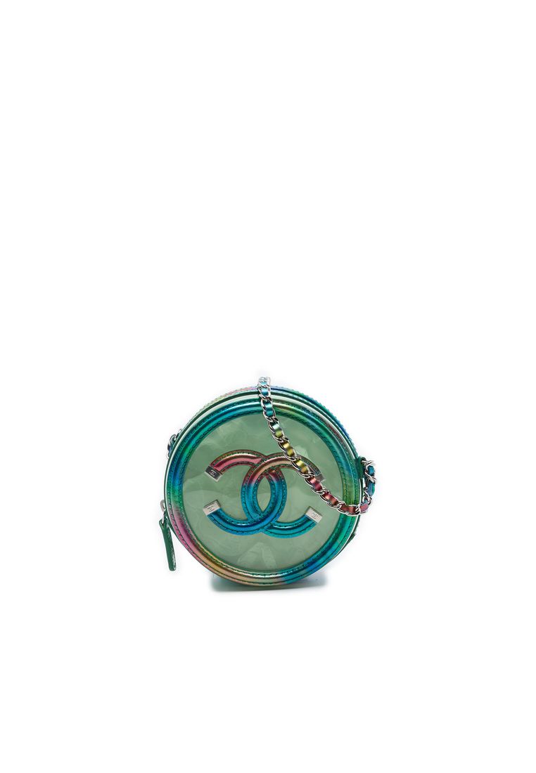 Pre-Loved Chanel Pvc And Metallic Lambskin Cc Filigree Round Clutch With Chain
