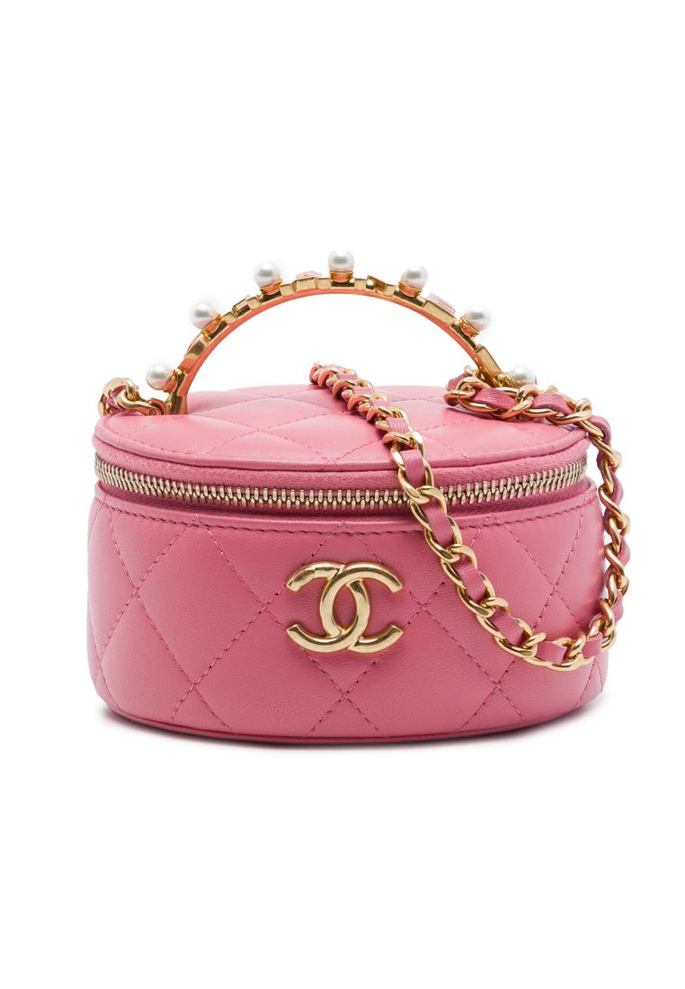Pre-Loved Chanel Mini Cc Quilted Lambskin Pearl Top Handle Vanity Case With Chain