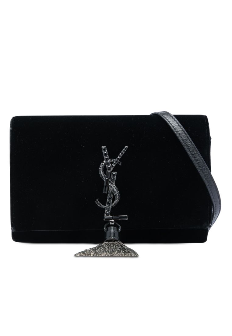 Pre-Loved Saint Laurent Velvet Crystal Monogram Kate Tassel Wallet On Chain
