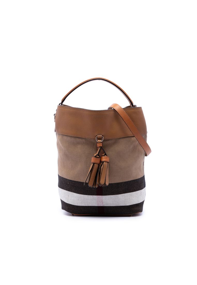 Pre-Loved Burberry Medium Mega Check Canvas And Grained Calfskin Ashby Tassel Bucket Bag