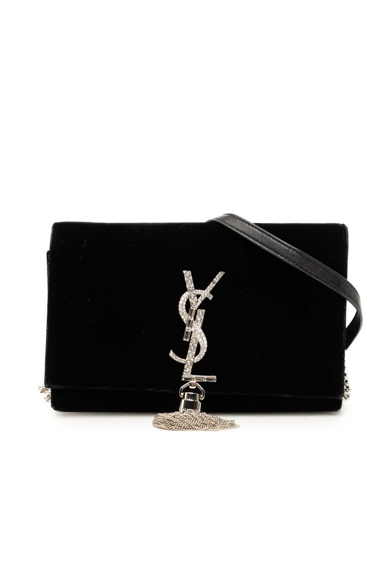 Pre-Loved Saint Laurent Velvet Crystal Monogram Kate Tassel Wallet On Chain