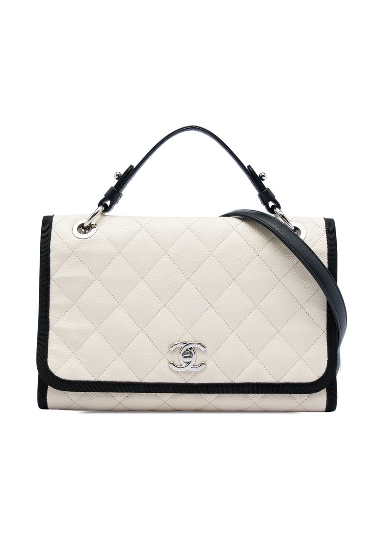 Pre-Loved Chanel Cc Bicolor Quilted Caviar And Grosgrain Top Handle Flap