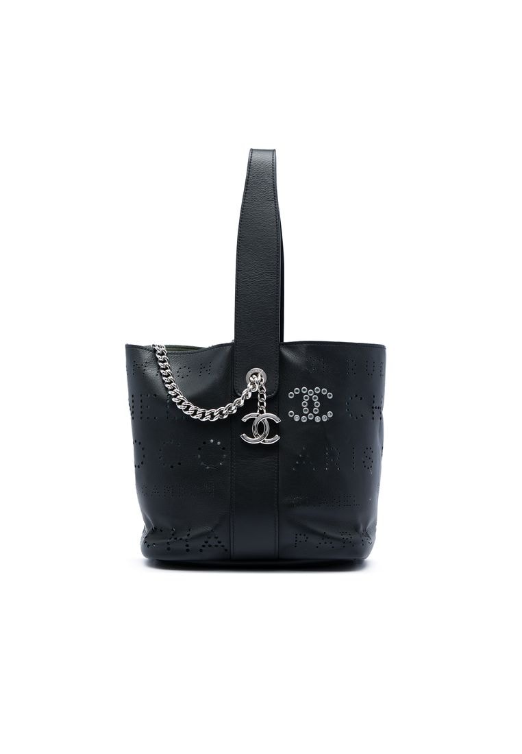 Pre-Loved Chanel Small Perforated Calfskin Logo Eyelet Bucket Bag