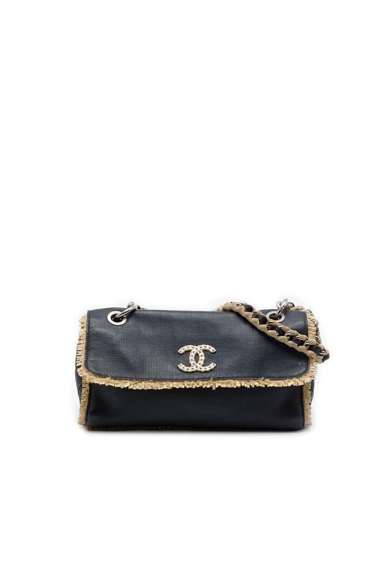 Pre-Loved Chanel Cc Raffia Fringe Trimmed Calfskin Chain Flap