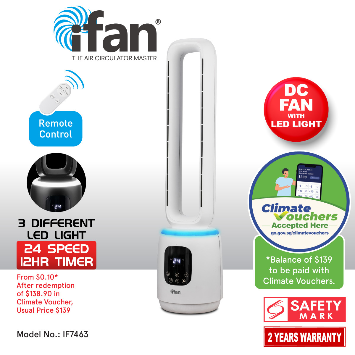 iFan Air Circulator Fan with Remote Control and LED Light