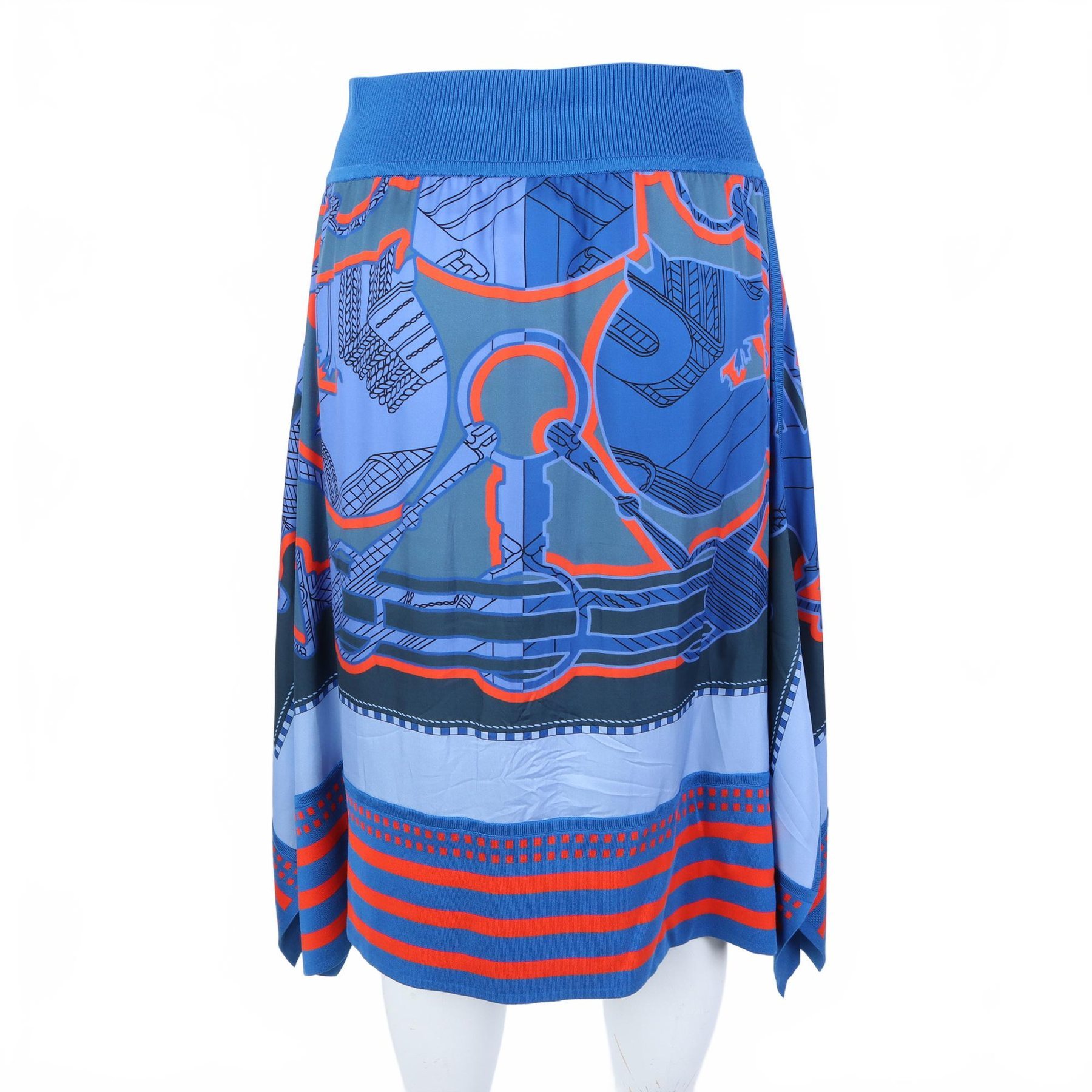 Blue Geometric Print Midi Skirt with Orange Accents, Ribbed Waistband – Int:XS / Blue