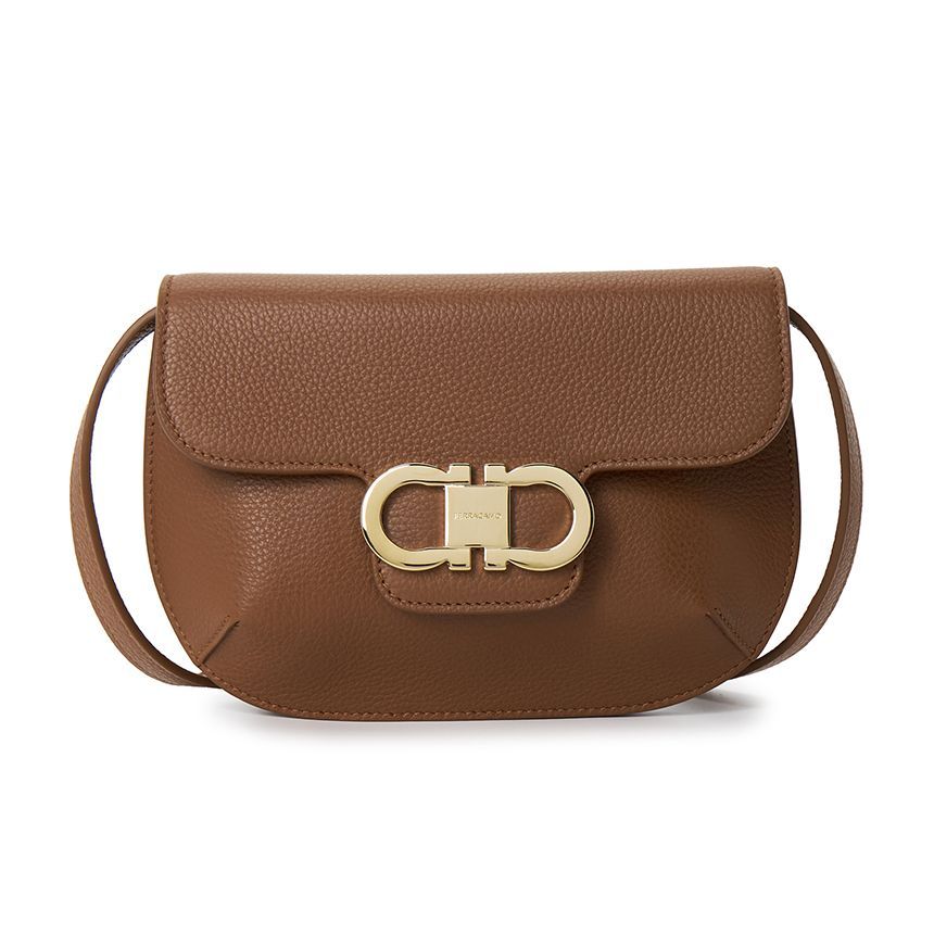 SALVATORE FERRAGAMO Double Gancini Mini Shoulder Bag, Brown Grained Calfskin