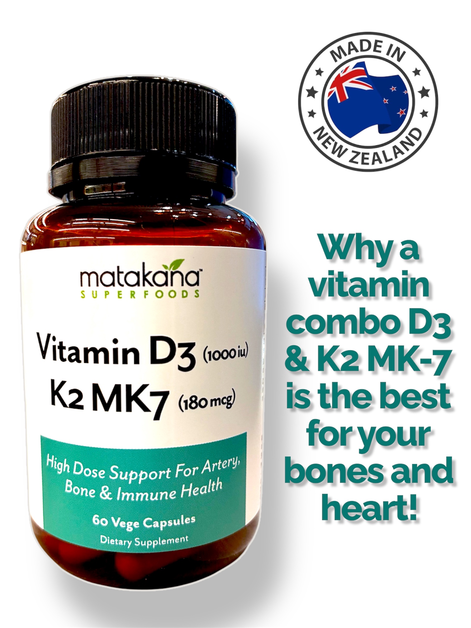 New Zealand High Dose Vitamin D3 + K2 MK-7 Combo for Your Ultimate Immune, Bone and Heart Health (60s)