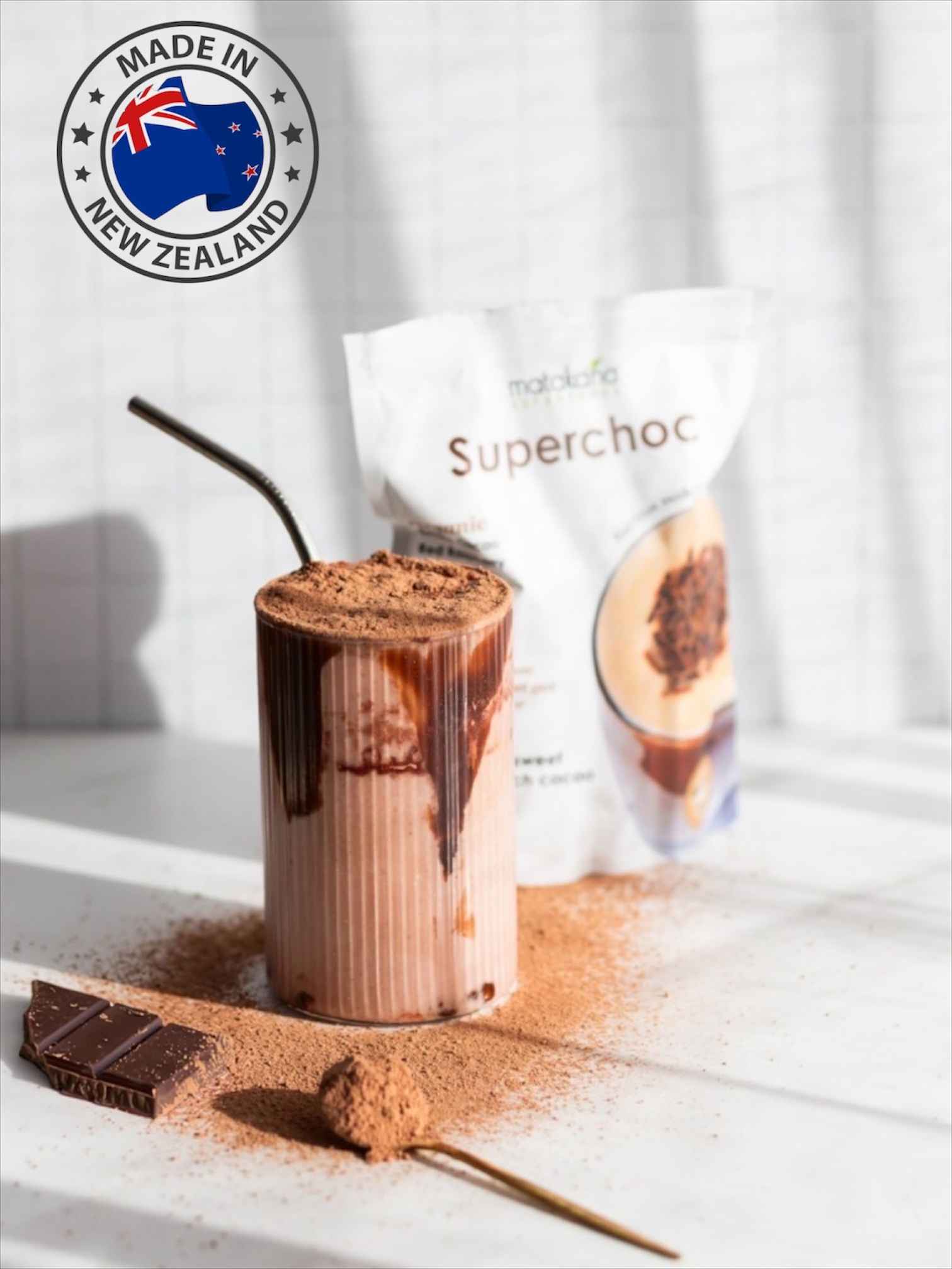 SuperChoc Drink Organic Blend from Matakana Superfoods. Product of New Zealand. Naturally Sweet, Double-rich Cocoa Packed with Nutrients. Good for Convenient Nutritious Energy Drink to start the day. 260gr for 20 servings.