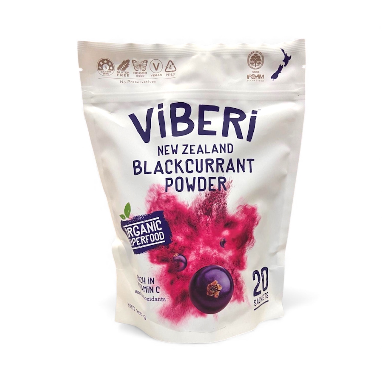 ViBERi Vitamin C Rich Organic Blackcurrant Powder Sachets 20 x 10g | New Zealand Superfood