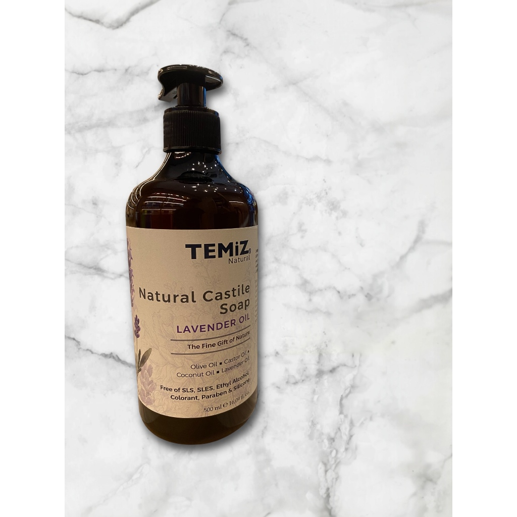 TEMiZ Liquid Castile Soap 500ml Body Wash Hand Wash Olive Oil Moisturising Lavender Orange Tea Tree Variants – Lavender Oil