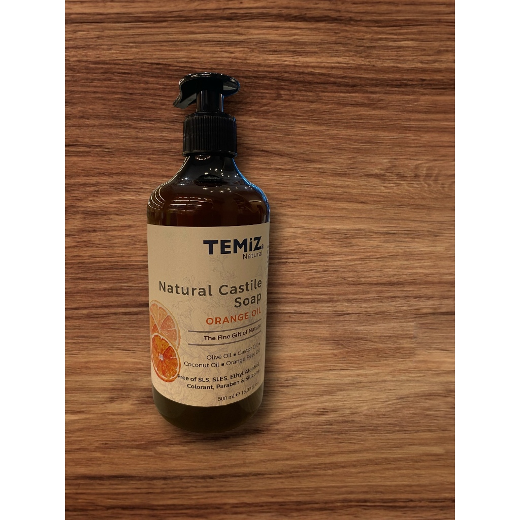 TEMiZ Liquid Castile Soap 500ml Body Wash Hand Wash Olive Oil Moisturising Lavender Orange Tea Tree Variants – Orange Oil