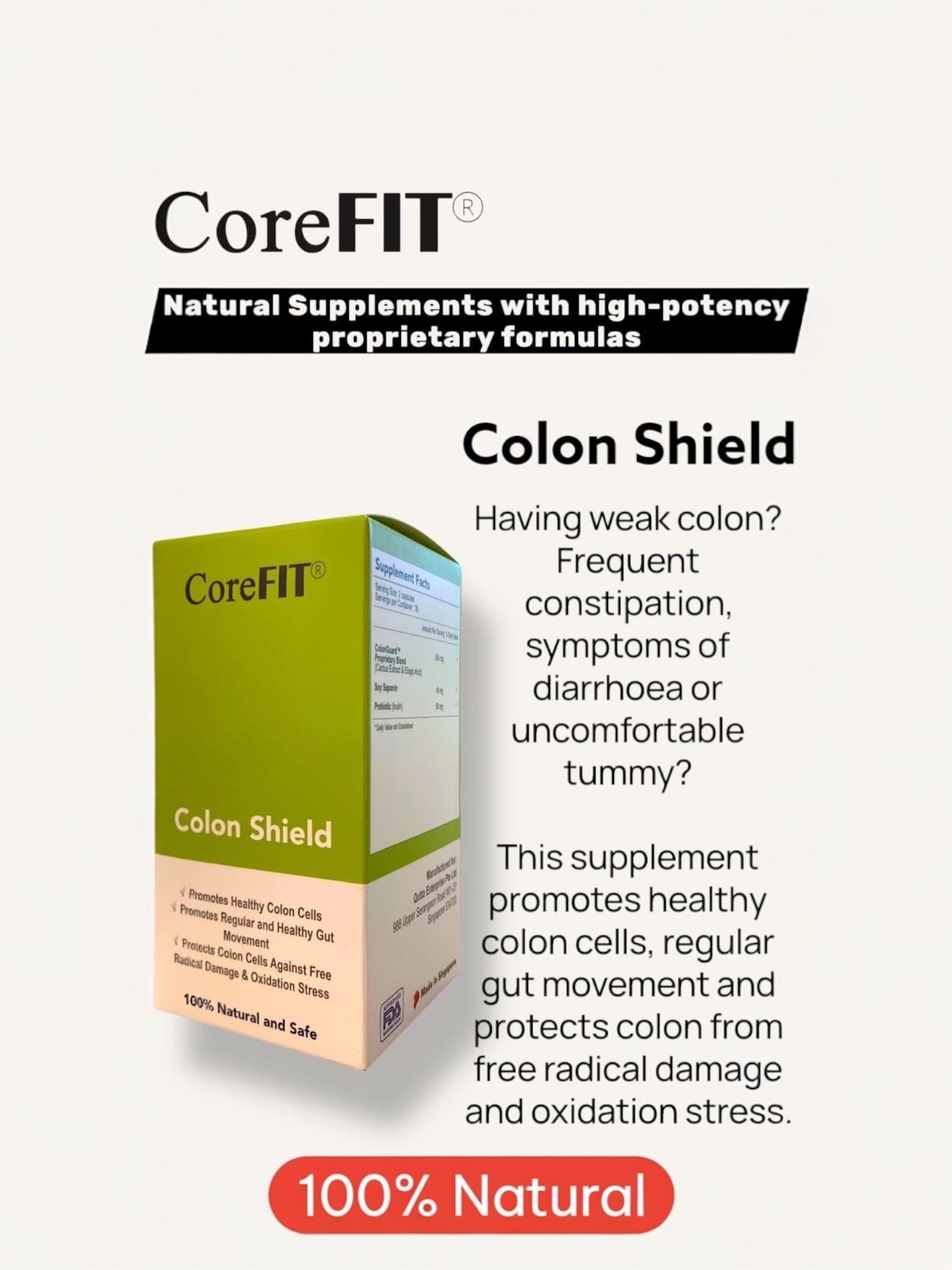CoreFit Colon Shield (for people with weak colon and frequent tummy discomfort) 100% Natural Supplement. 60 Capsules.