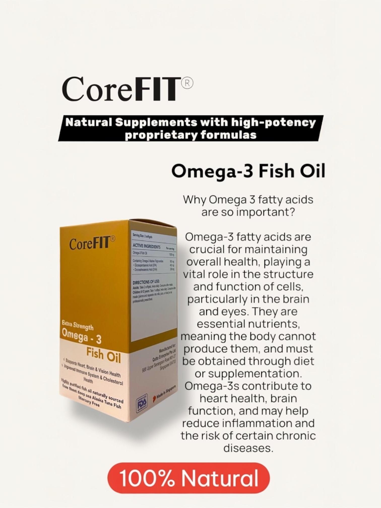 CoreFit Extra Strength Omega-3 Fish Oil, Deep Sea Alaska Tuna Fish, Mercury Free. 100% Natural Supplement. 200 small softgels.