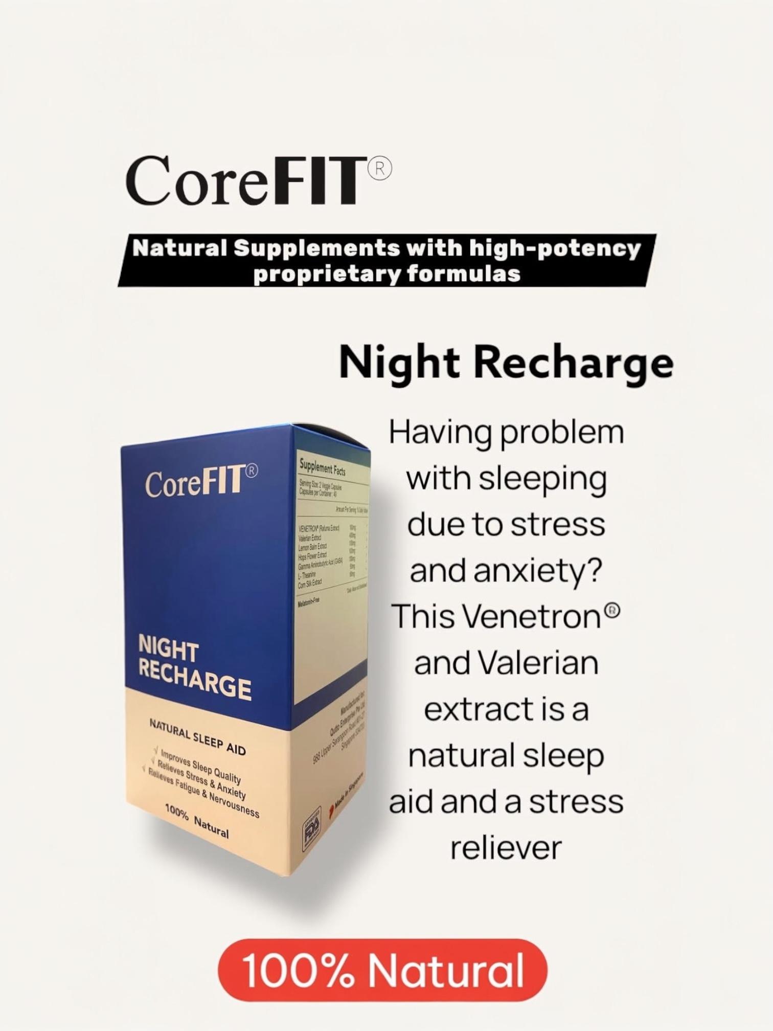CoreFit Night Recharge (for people who want sufficient quality sleep) 100% Natural Supplement. Melatonin Free. 80 Capsules.
