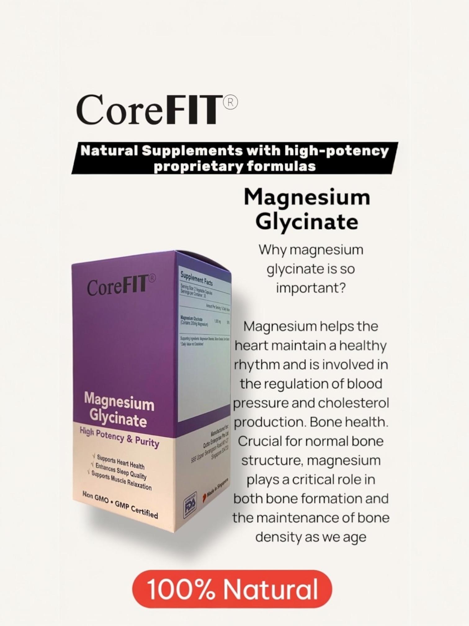 CoreFit Magnesium Glycinate (for essential overall health well-being) 100% Natural Supplement. 60 Capsules