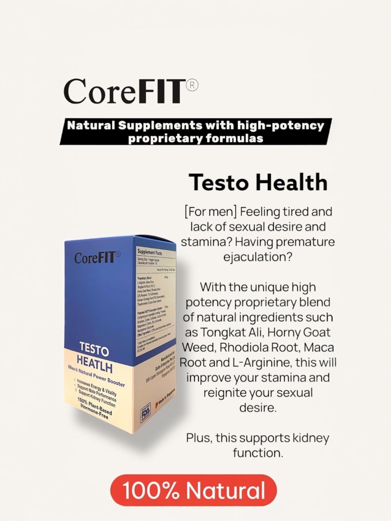 CoreFit Testo Health (for men who want healthy sex desire and stamina) 100% Natural Supplement. 60 Capsules
