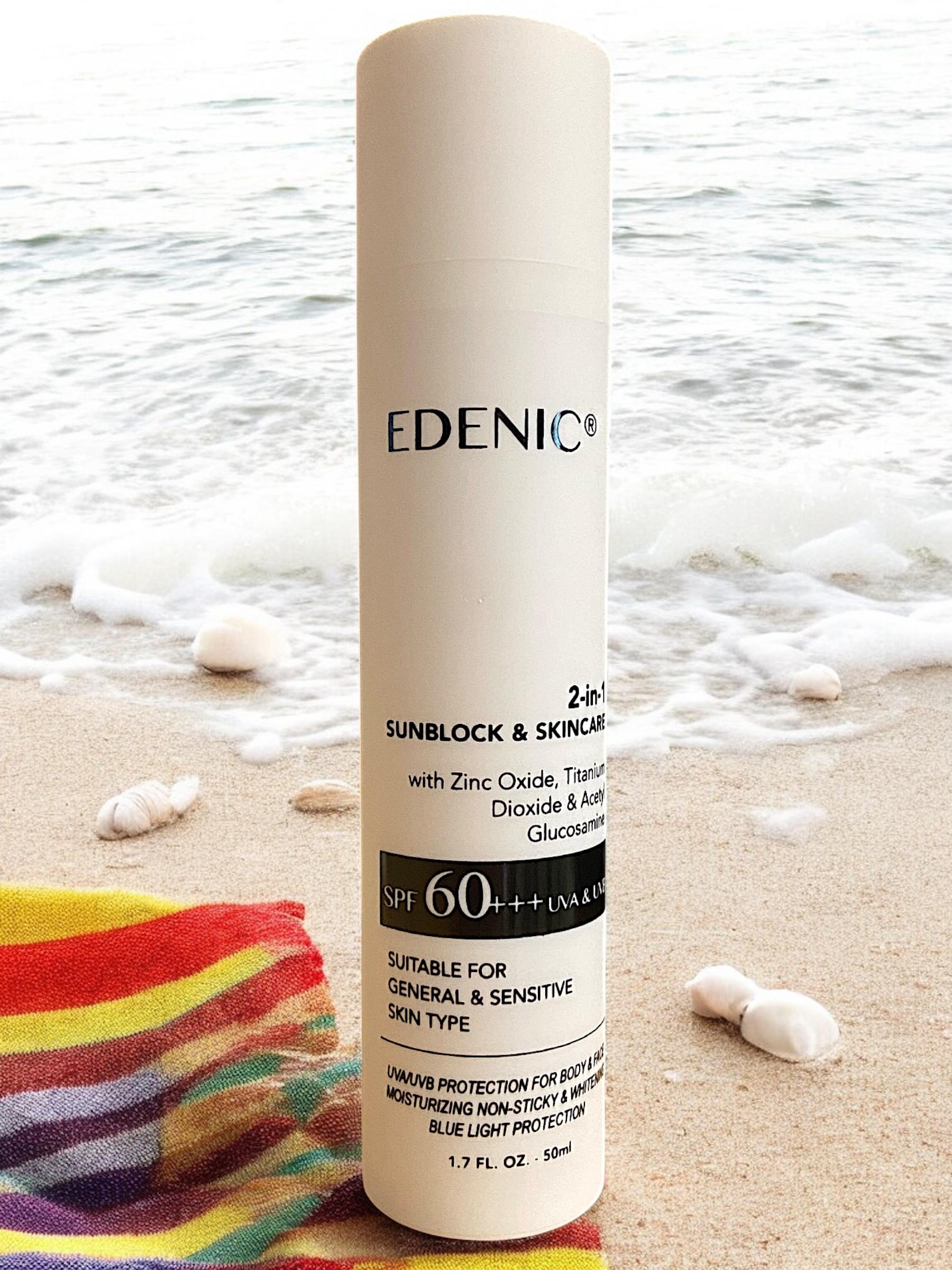EDENIC 2-in-1 Sunblock SPF60+ with Hydration and Moisturising Function for Healthy Skin. Non-sticky formula. Water resistant. Suitable for waterplay and outdoor. Available in Adult and Kids versions.