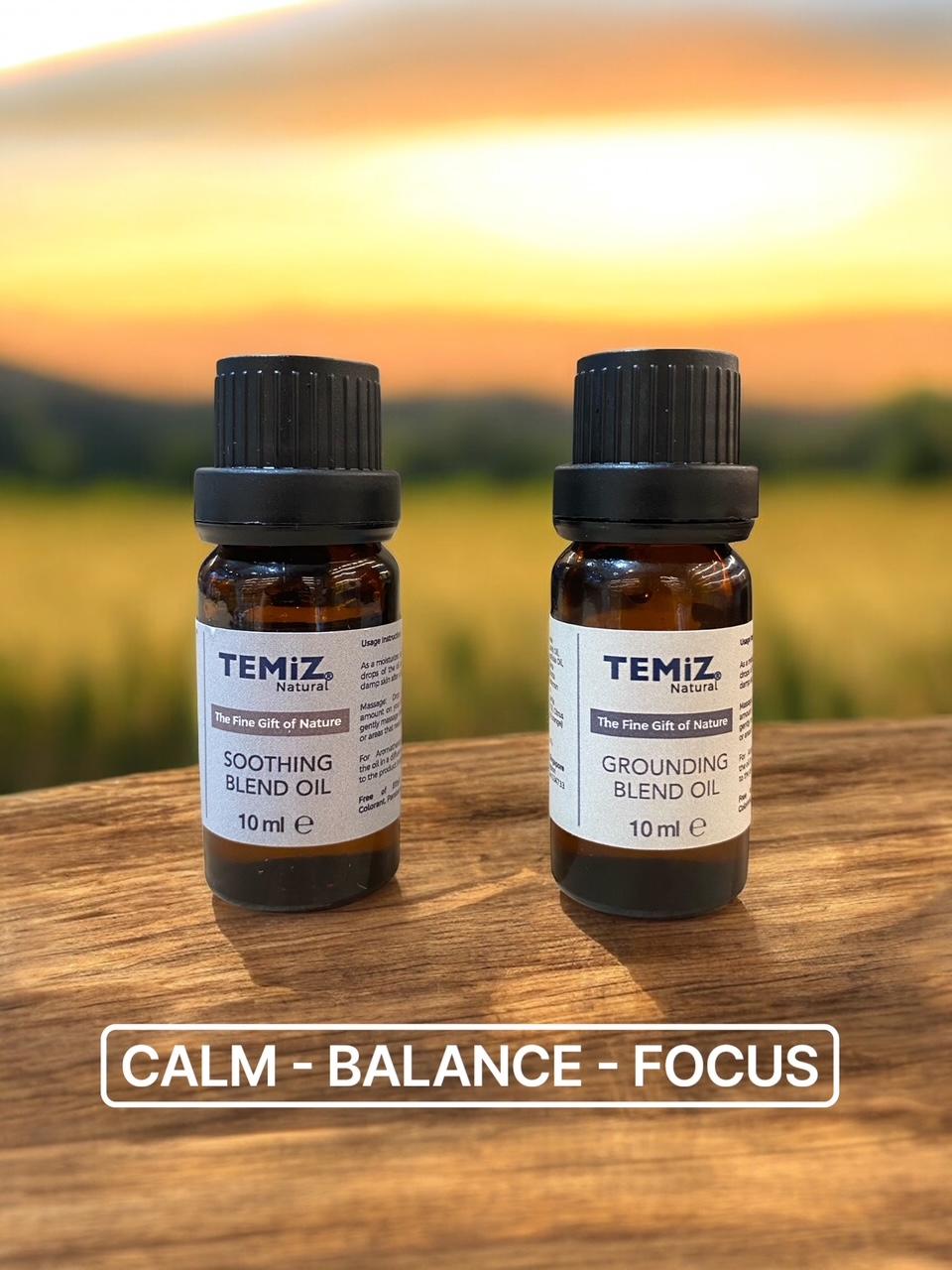 TEMIZ Grounding Blend Essential Oil & Soothing Blend Essential Oil 10ml. Inducing calmness, relaxation & focus as well as overall emotional well-being.