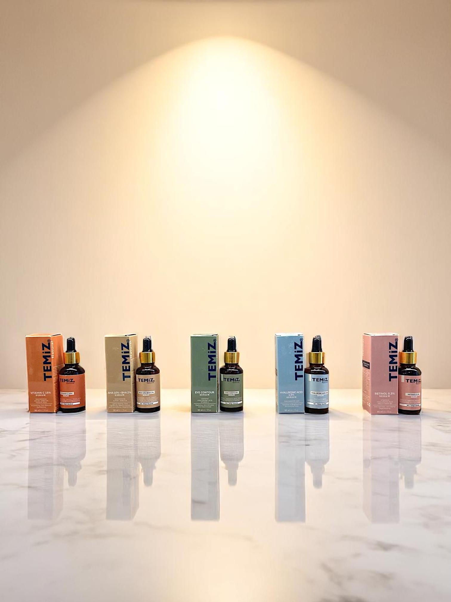 TEMiZ Collection of Five Natural Face Serums (Vitamin C/Hyaluronic Acid/Retinol/Eye Contour/AHA BHA) 30ml