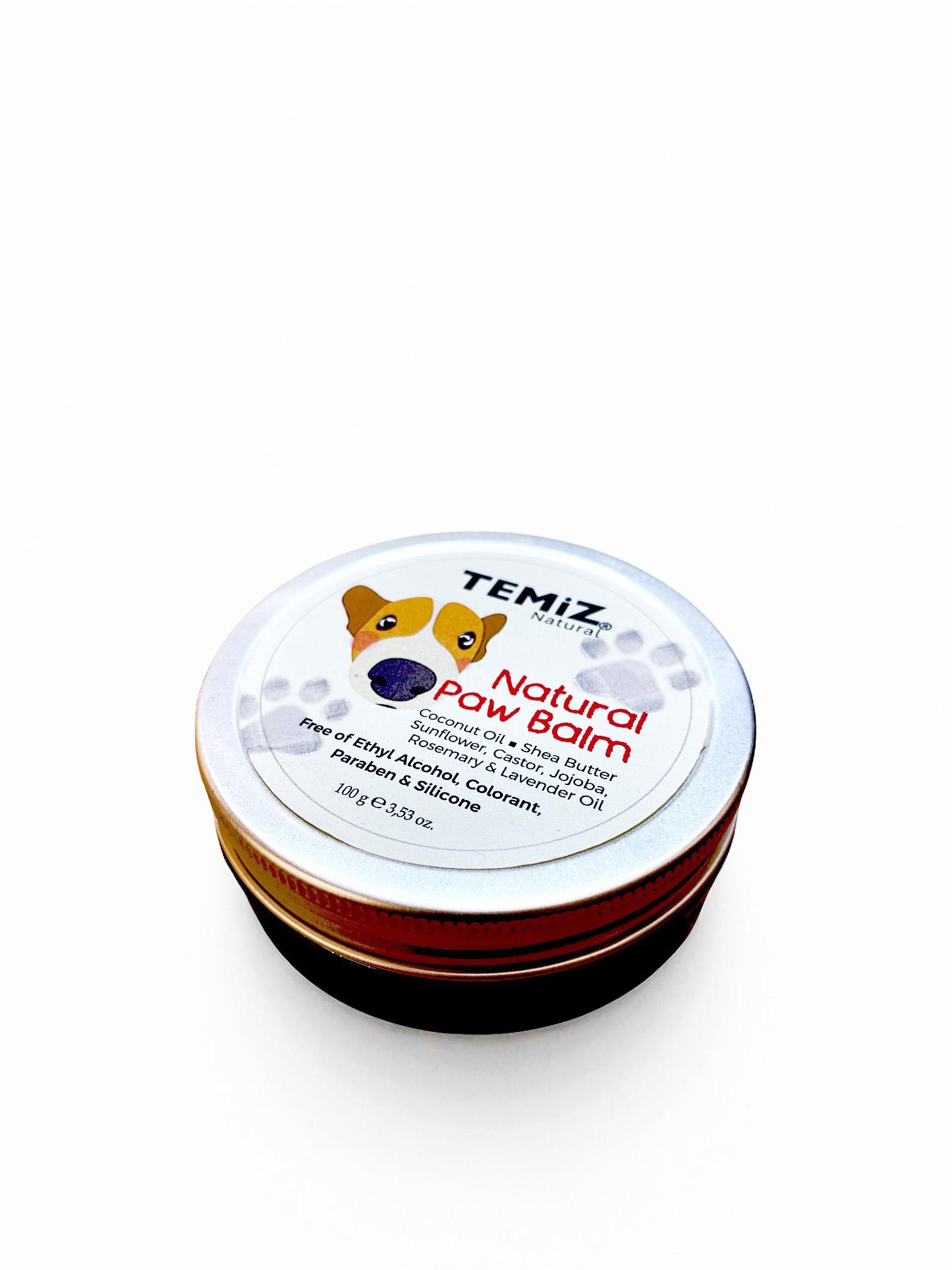 TEMiZ Natural Paw Balm 100gr. Moisturises, nourishes and protects your pet's paws. Free of paraben, colorant, silicone and ethyl alcohol.