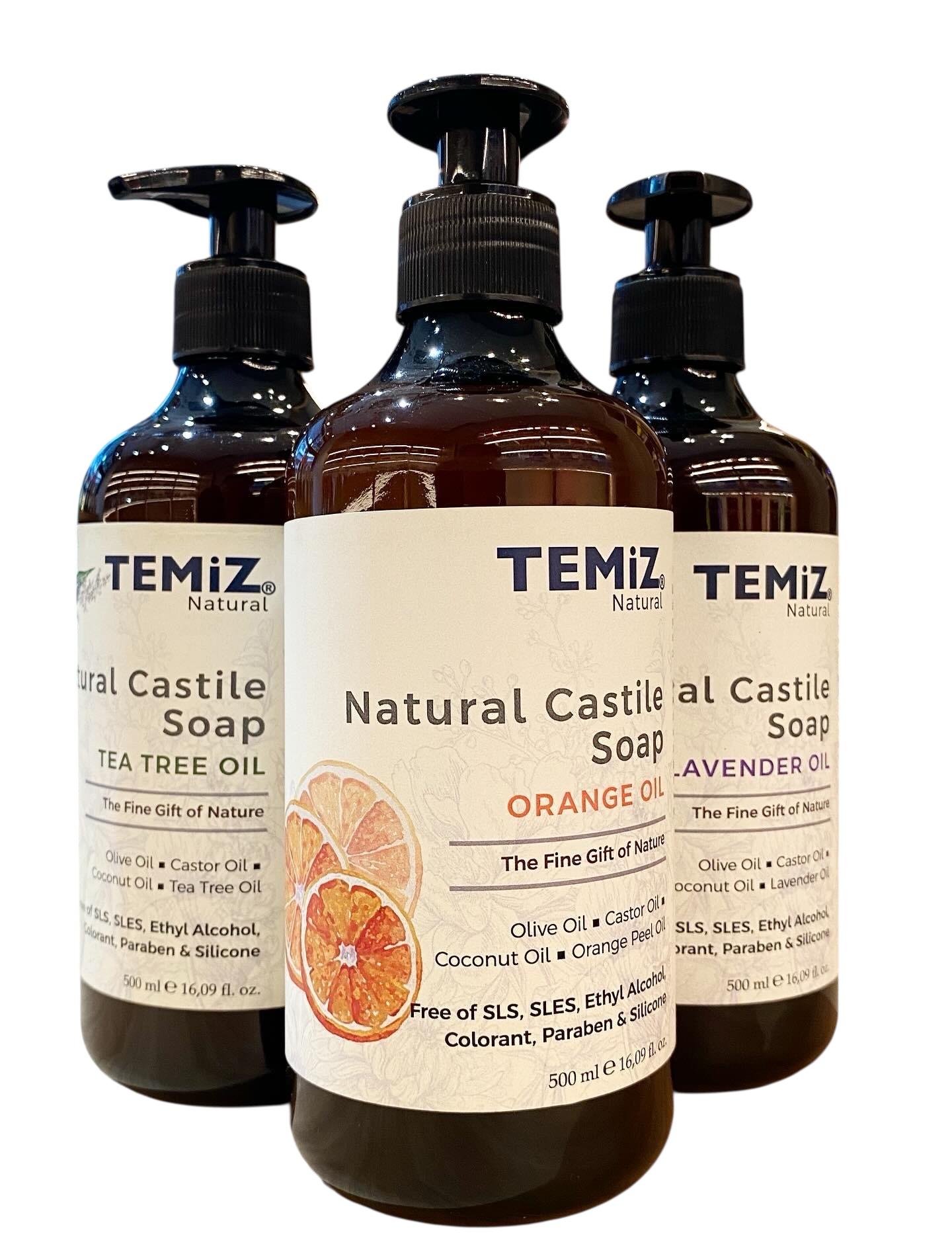 TEMiZ Liquid Castille Soap 500ml ( with a choice of Lavender/Orange/Tea Tree Oils). Your Natural Anti Bacterial Castile Soaps. No Paraben, SLS/SLES, Ethyl Alcohol, Colorant and Silicone.